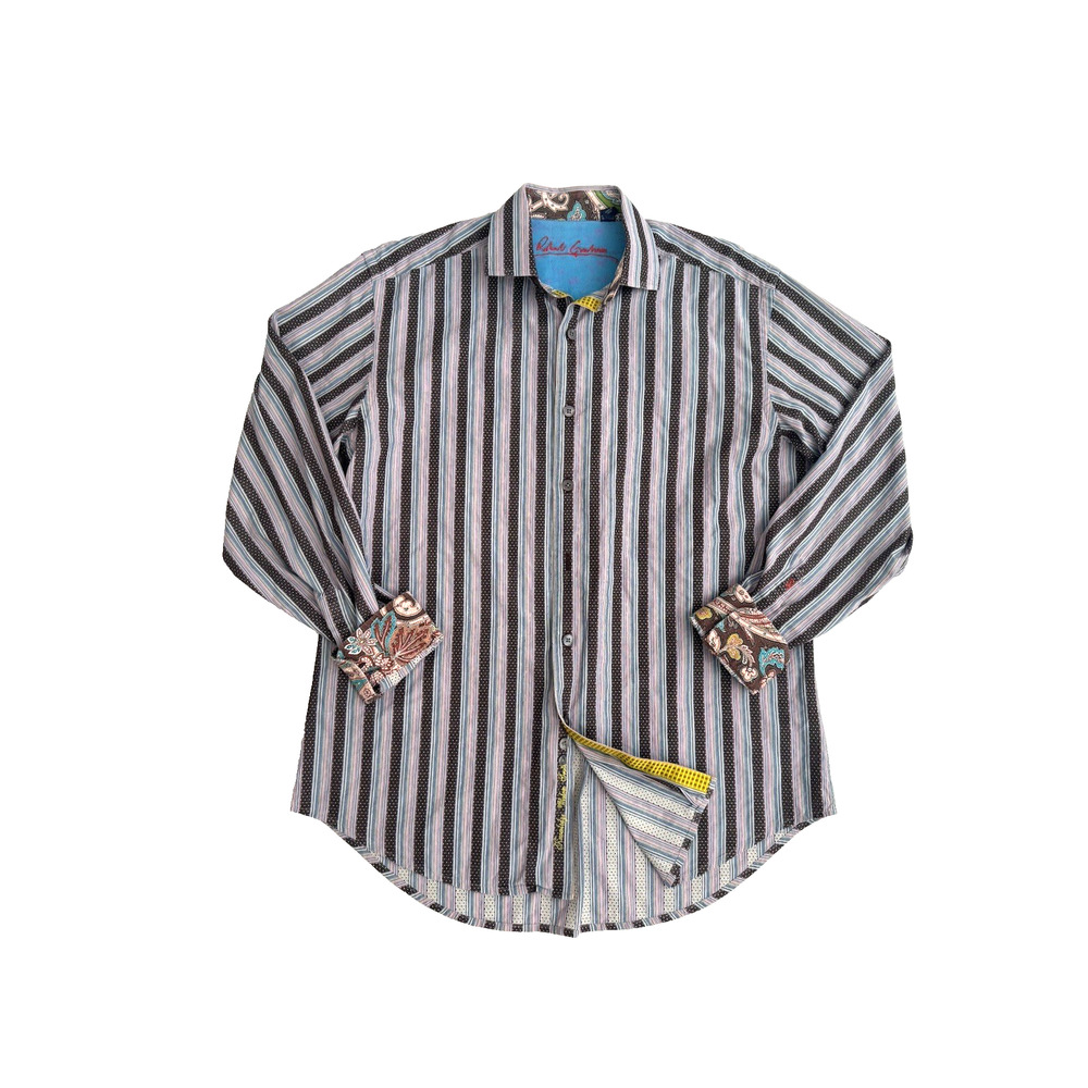 Robert Graham Long-Sleeve Button-Up Shirt L Flip Cuffs Brown Blue Stripe Cotton